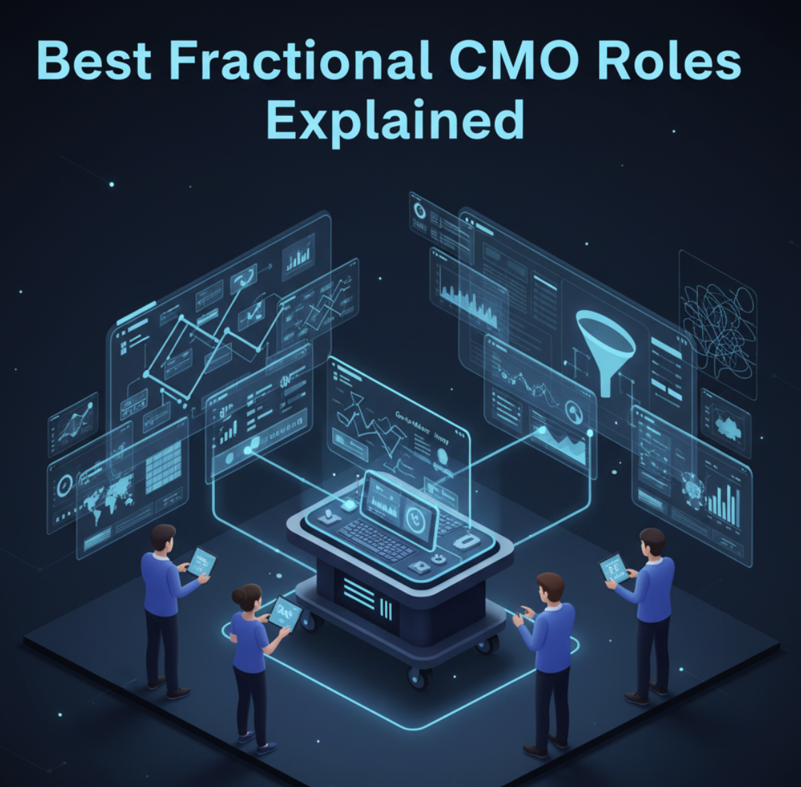 A fractional CMO represented as a multi-function console integrating into a marketing team's workspace, providing strategy, mentorship, and execution oversight