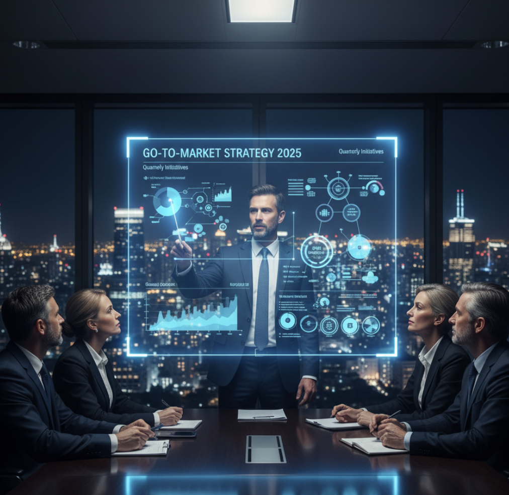 consultant presenting strategy deck to business leaders