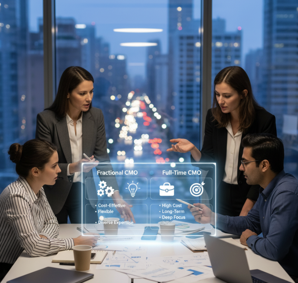 startup team evaluating fractional CMO vs full-time CMO options