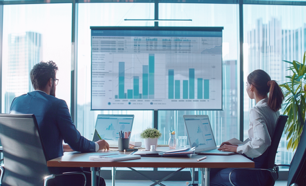 startup team reviewing financial forecast with fractional CFO