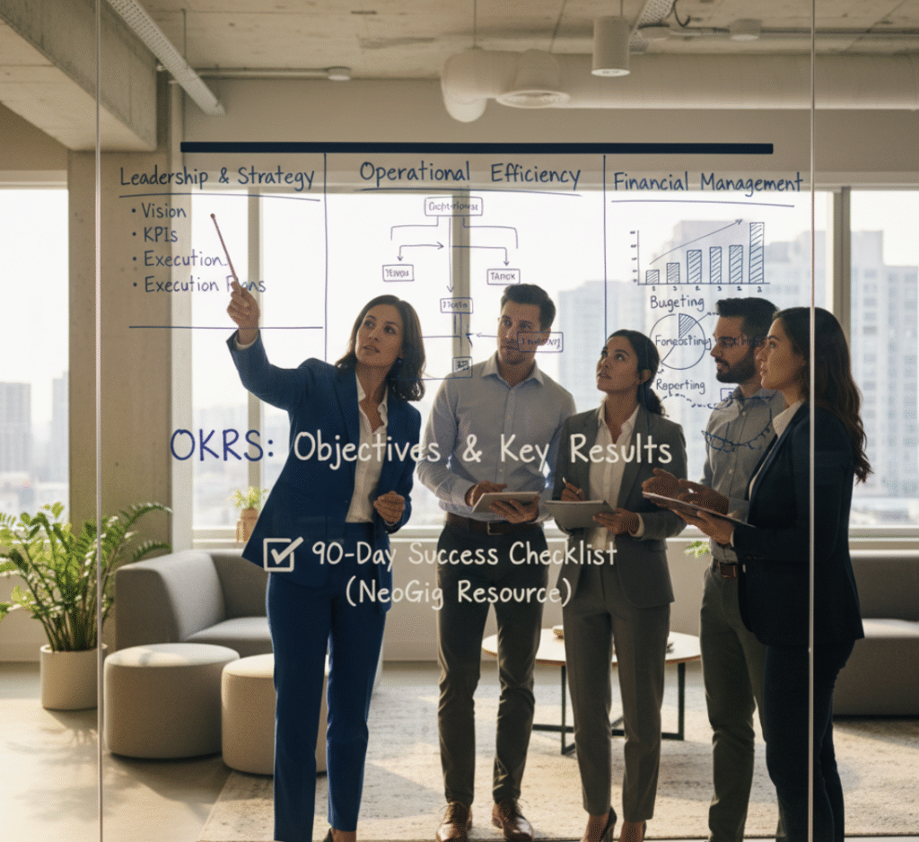 One executive is pointing to a section